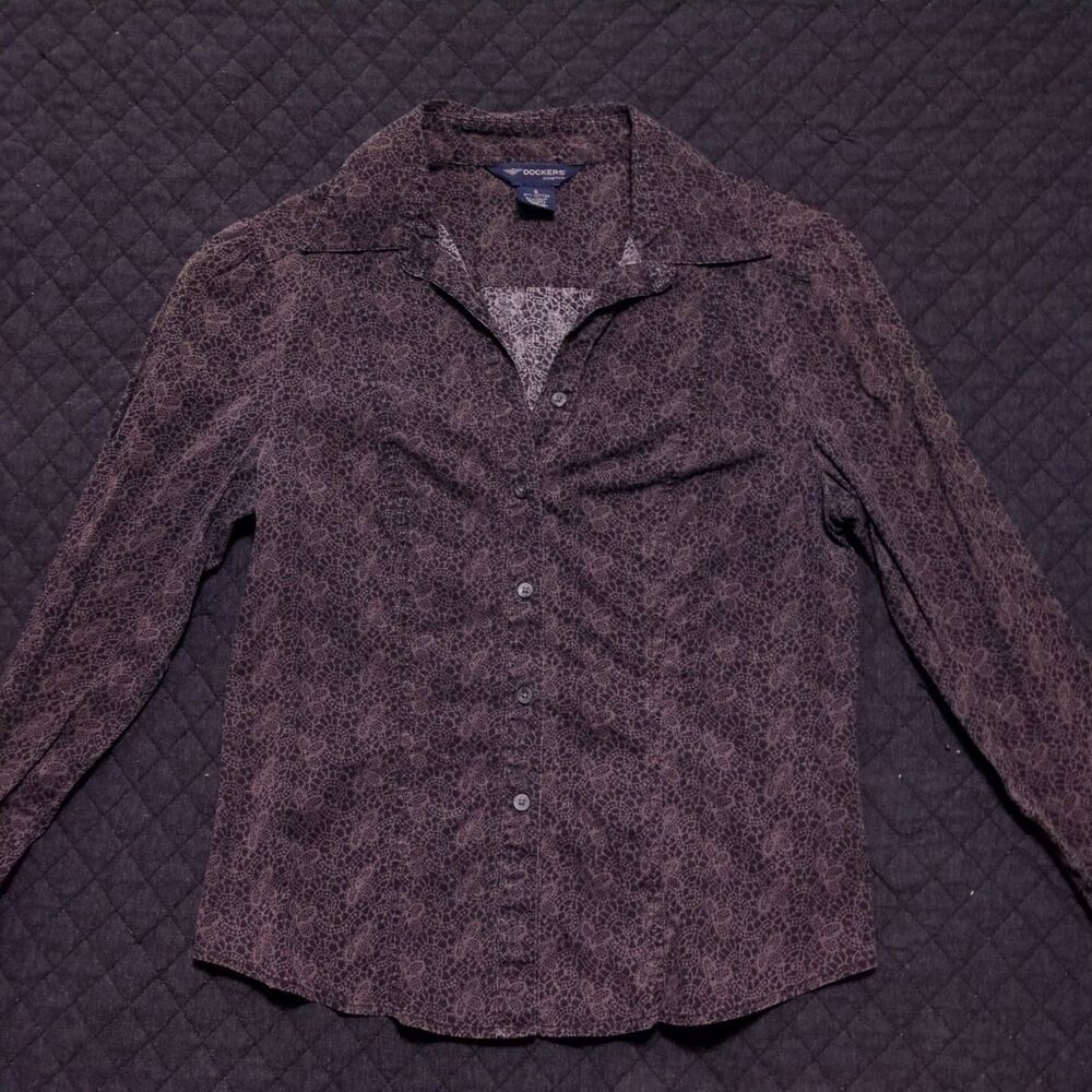 Dockers Womens Button Front Shirt S Brown Long Sleeve Lycra® Stretch
